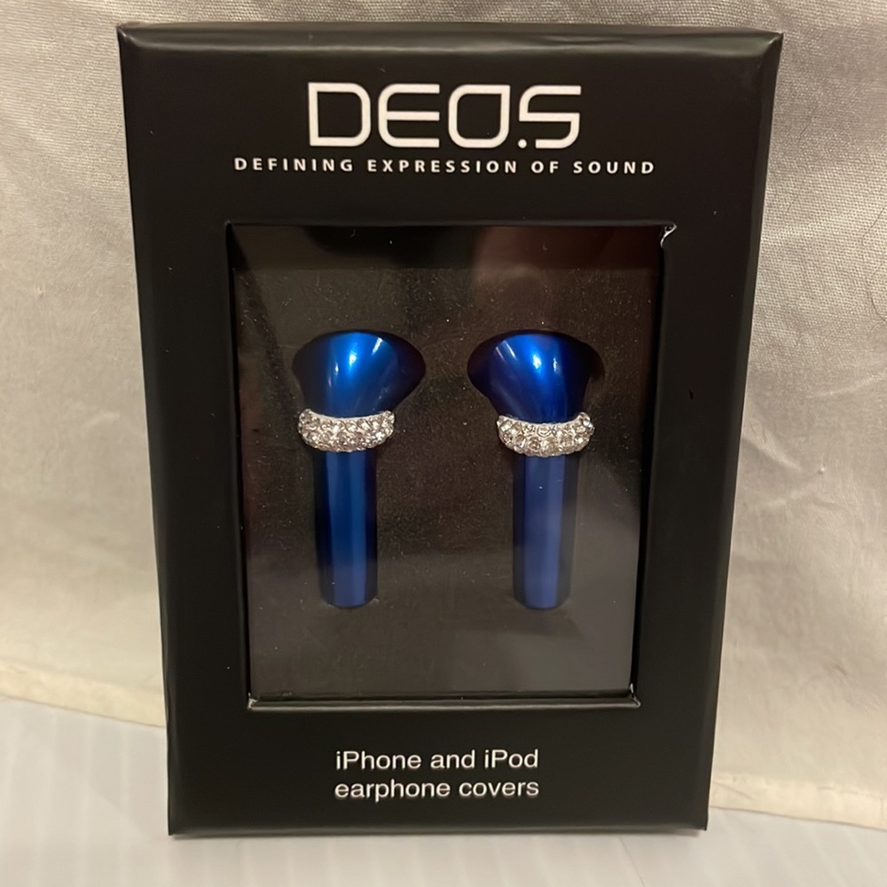 NWT  DEOS iPhones & iPod earphone covers Royal Blue with Swarovski Crystals
